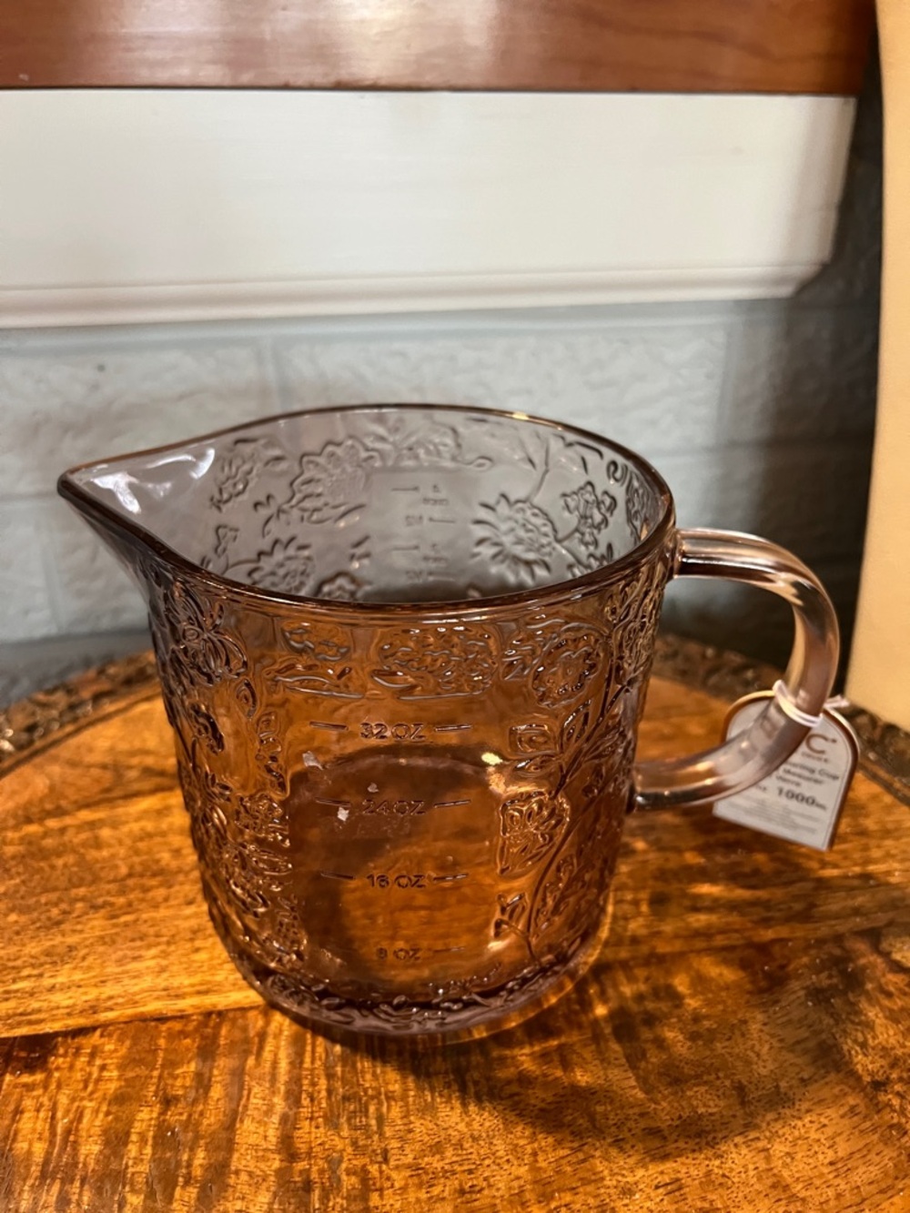 Vintage-Style Amber Glass Measuring Pitcher with Floral Embossing